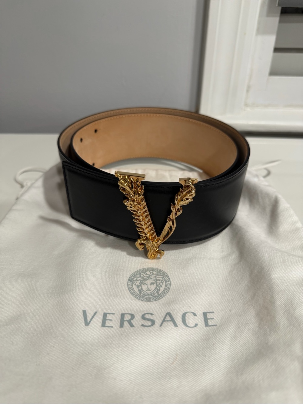 Versace Black Leather V-Buckle Wide Belt